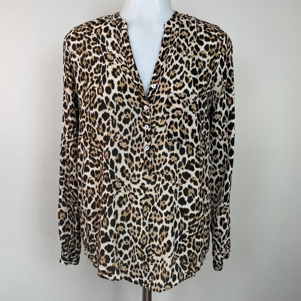 Zara Top Small Leopard Tan Black‎ Popover Blouse Women's